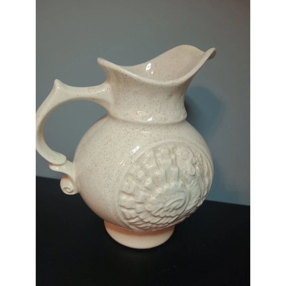 Vintage 1968 McCoy Art Pottery Speckled Cream Turkey Cameo Pattern 64oz. Pitcher